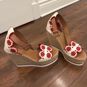 See By Chloé Cream Wedge Espadrilles with Red Floral Appliqué